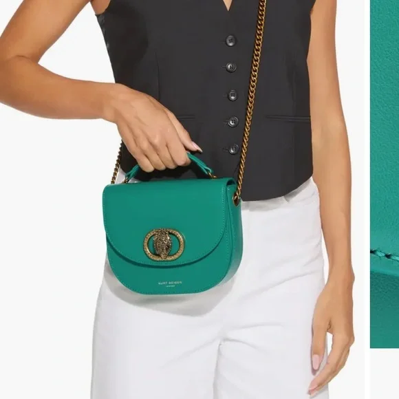 ✨Kurt Geiger NWT Chelsea Teal Leather Saddle Crossbody, Brass Chain, KG dustbag - Picture 9 of 15
